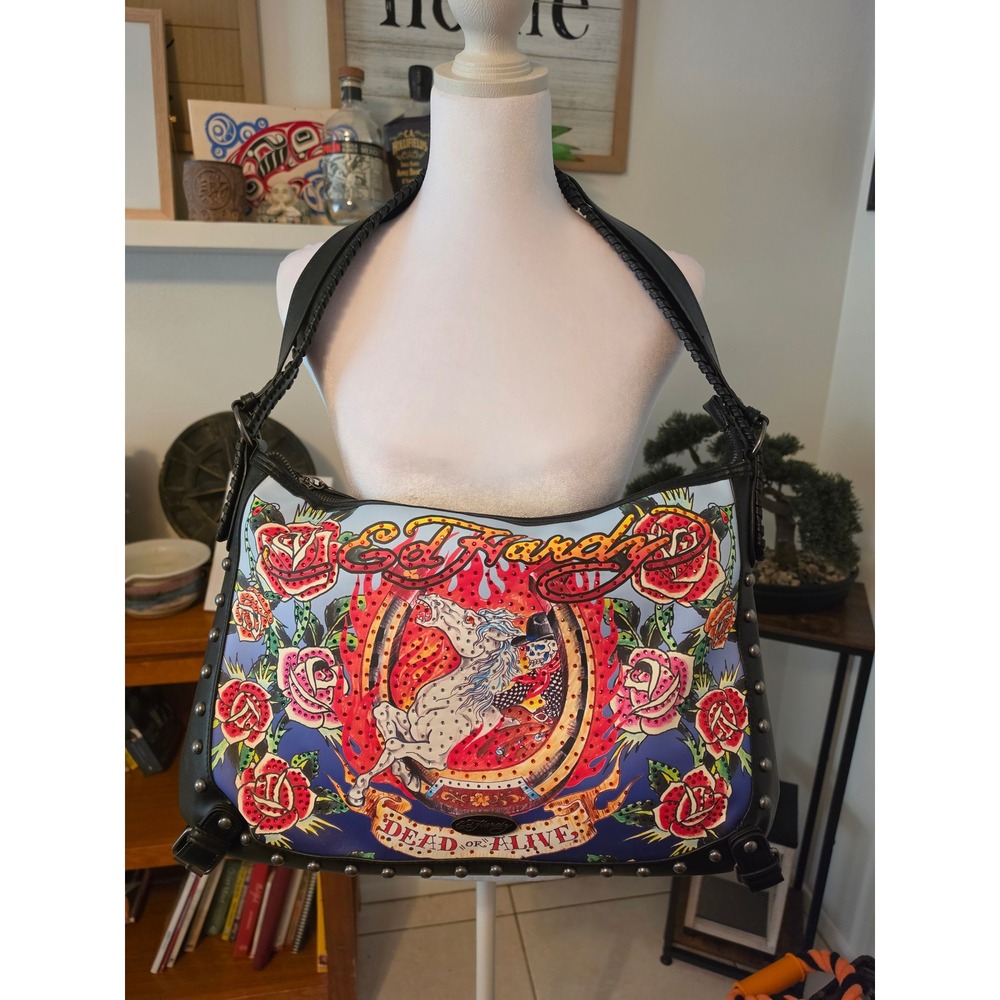 Ed Hardy Dead or Alive Horse Tattoo Hobo Bag Black Studded Y2K Shoulder Bag